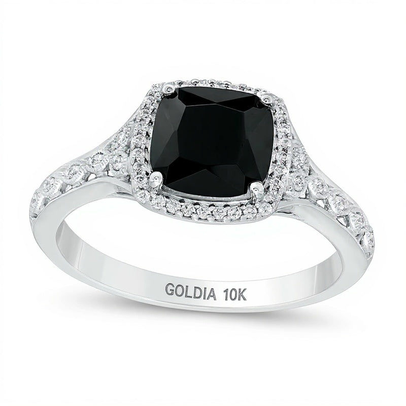 Ring mit schwarzem Saphir im Kissenschliff 7,0 mm und Diamanten 0,1 ct. Gesamtgewicht im Halo, 10K Weißgold