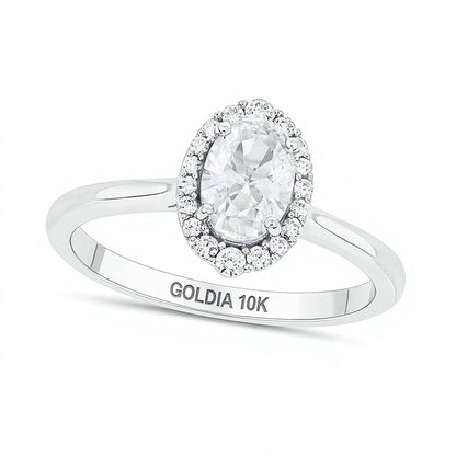 Verlobungsring mit ovalem weißem Labor-Saphir und 0,17 ct. Gesamtgewicht Diamanten in Halo-Fassung aus 10K Weißgold
