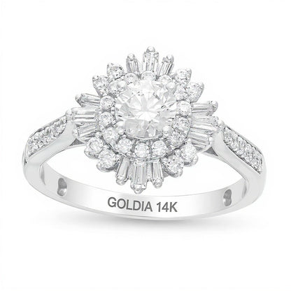 1.0 ct. Gesamtgewicht Diamant Halo Verlobungsring mit doppeltem Starburst-Rahmen aus 14K Weißgold