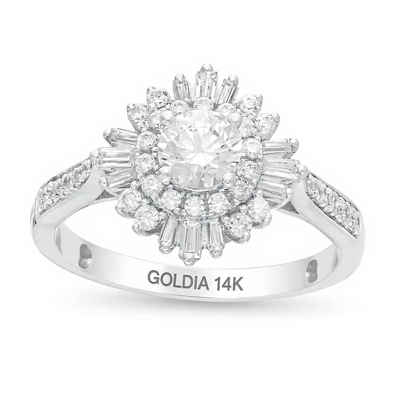 1.0 ct. Gesamtgewicht Diamant Halo Verlobungsring mit doppeltem Starburst-Rahmen aus 14K Weißgold