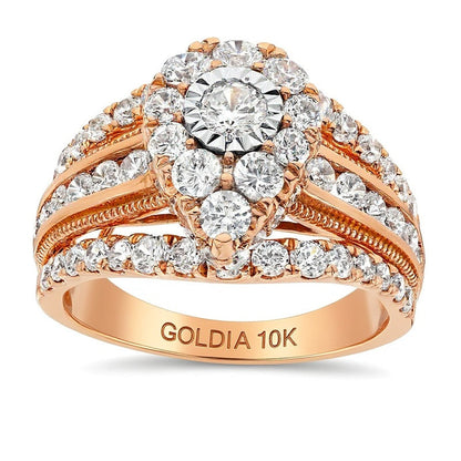 2.0 ct. Gesamtgewicht Verlobungsring mit weißen Diamanten im Tropfen- und Rundschliff, mehrreihige Schiene im Vintage-Stil, 10K Roségold