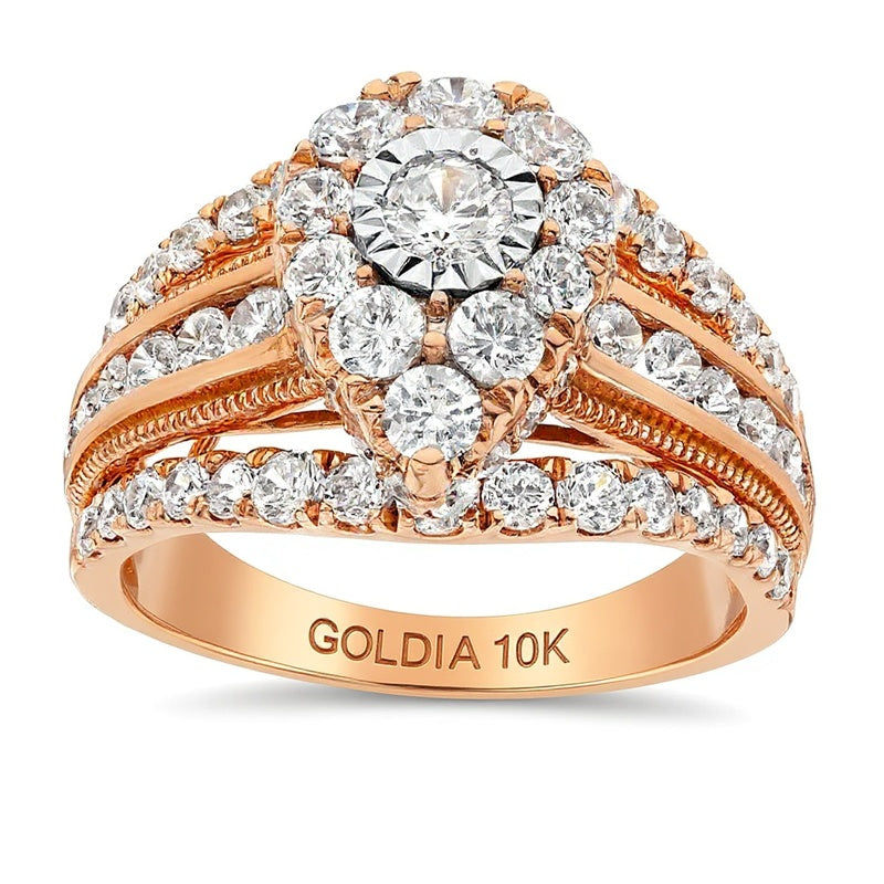 2.0 ct. Gesamtgewicht Verlobungsring mit weißen Diamanten im Tropfen- und Rundschliff, mehrreihige Schiene im Vintage-Stil, 10K Roségold