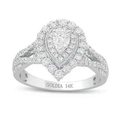 1.0 ct. Gesamtgewicht tropfenförmiger Diamant Halo-Verlobungsring mit doppeltem Rahmen und geteiltem Ringschienen-Design im Vintage-Stil in 14K Weißgold