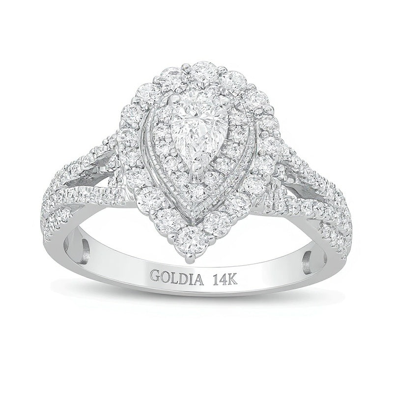 1.0 ct. Gesamtgewicht tropfenförmiger Diamant Halo-Verlobungsring mit doppeltem Rahmen und geteiltem Ringschienen-Design im Vintage-Stil in 14K Weißgold
