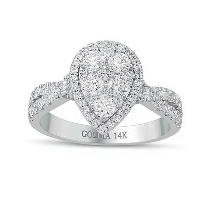 1.25 ct. Gesamtgewicht Verlobungsring mit Komposit-Diamanten in Tropfen- und rundem Schliff, gedrehte Ringschiene, 14K Weißgold