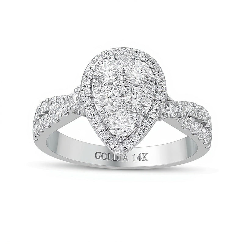 1.25 ct. Gesamtgewicht Verlobungsring mit Komposit-Diamanten in Tropfen- und rundem Schliff, gedrehte Ringschiene, 14K Weißgold