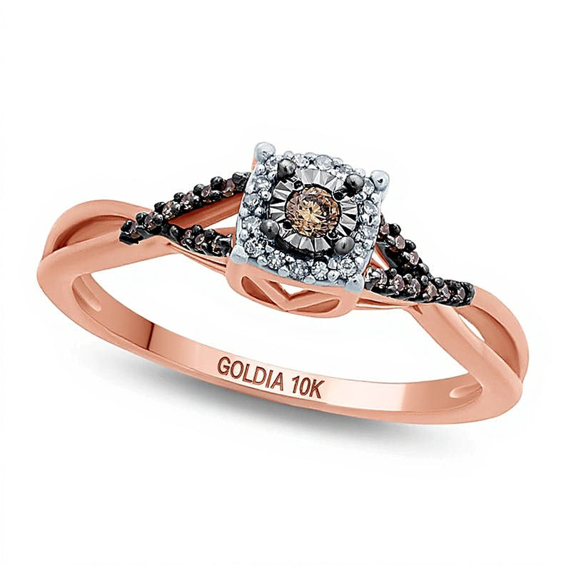 0.1 CT. Gesamtgewicht Freundschaftsring mit champagnerfarbenen und weißen Diamanten, gedrehter Ringschiene in 10K Roségold