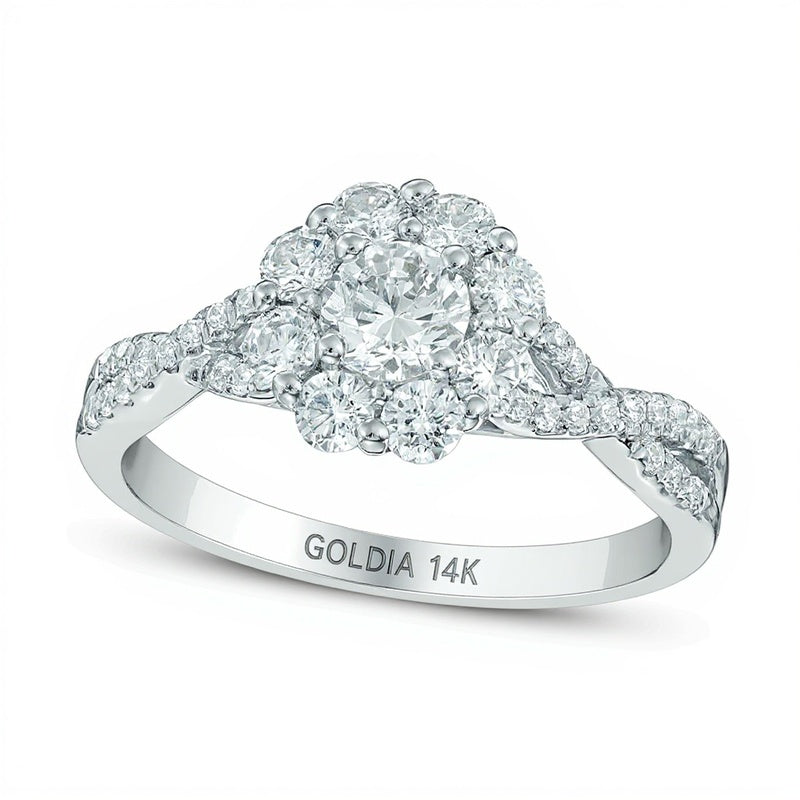 Verlobungsring mit Diamanten 0,88 ct. Gesamtgewicht im Blüten-Twist-Design mit Halo in 14K Weißgold