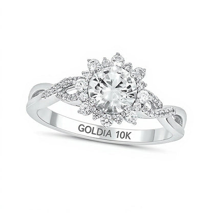 Verlobungsring mit weißem Labor-Saphir 6,0 mm und Diamant 0,25 ct. Gesamtgewicht, Halo mit gedrehter Schiene, in 10K Gold