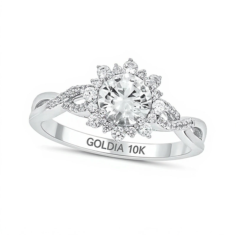 Verlobungsring mit weißem Labor-Saphir 6,0 mm und Diamant 0,25 ct. Gesamtgewicht, Halo mit gedrehter Schiene, in 10K Gold