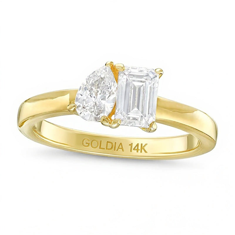 1.0 ct. Gesamtgewicht Diamant-Ring Toi et Moi im Tropfen- und Smaragdschliff in 14K Gelbgold