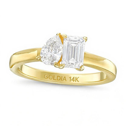 1.0 ct. Gesamtgewicht Diamant-Ring Toi et Moi im Tropfen- und Smaragdschliff in 14K Gelbgold