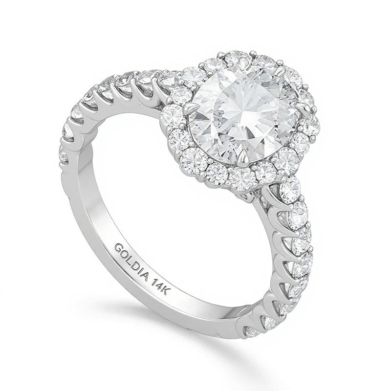 Verlobungsring mit ovalem Labordiamant und Halo, 3,5 ct. Gesamtgewicht, in 14K Weißgold