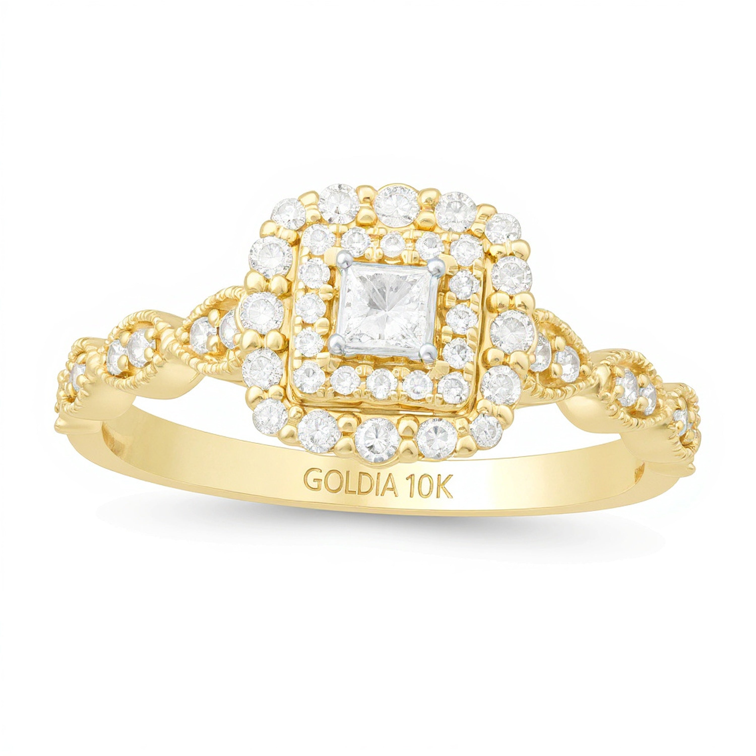 0,38 ct. Gesamtgewicht Verlobungsring mit weißen Diamanten im Princess- und Rundschliff, Halo, in 10K Gelbgold