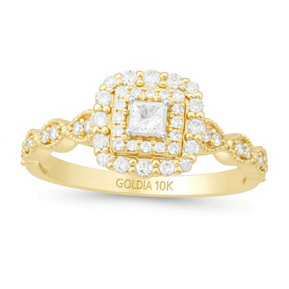 0,38 ct. Gesamtgewicht Verlobungsring mit weißen Diamanten im Princess- und Rundschliff, Halo, in 10K Gelbgold