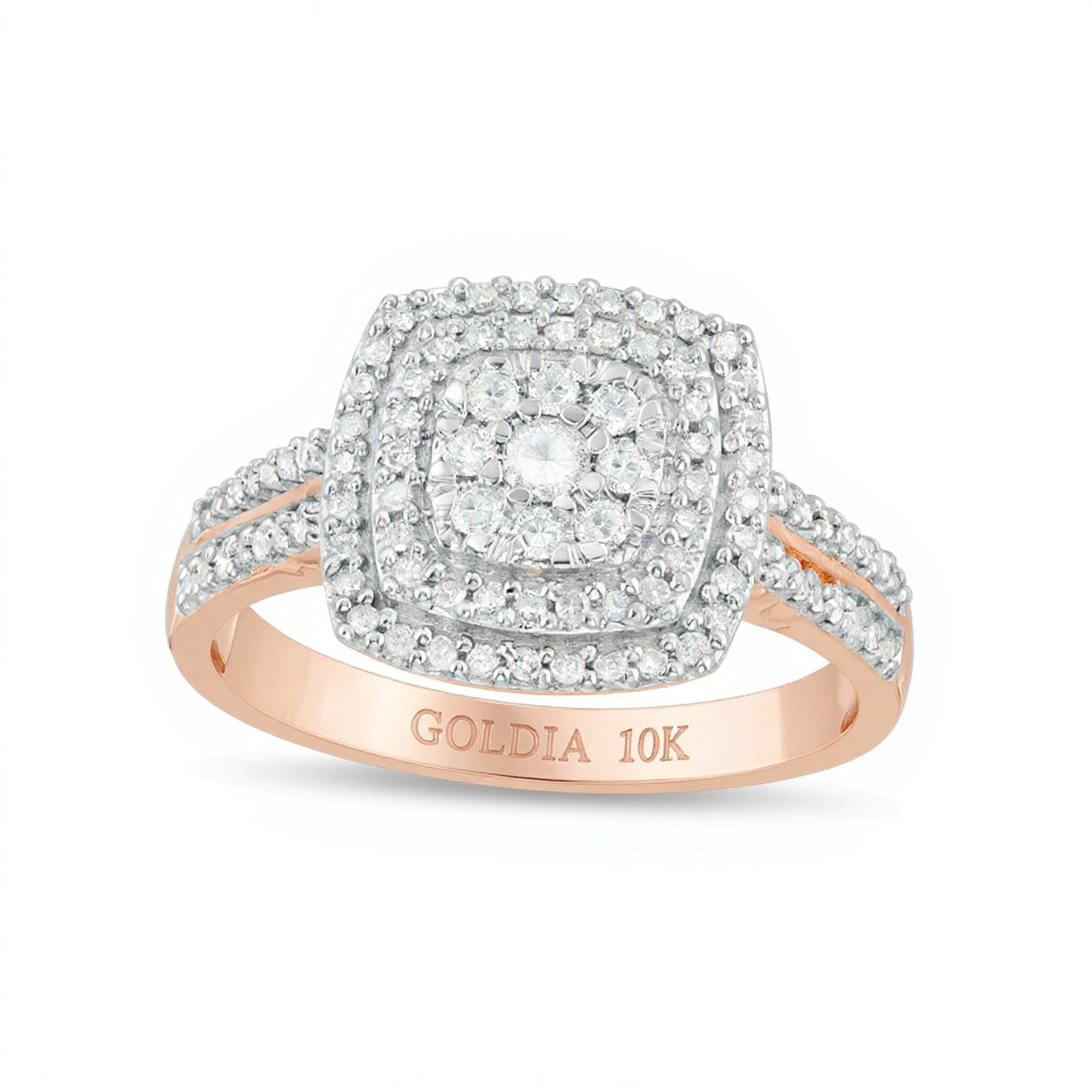 0.38 ct. Gesamtgewicht Halo-Ring mit Diamanten im Kissenschliff und runden Diamanten in 10K Roségold