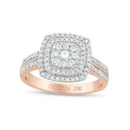 0.38 ct. Gesamtgewicht Halo-Ring mit Diamanten im Kissenschliff und runden Diamanten in 10K Roségold