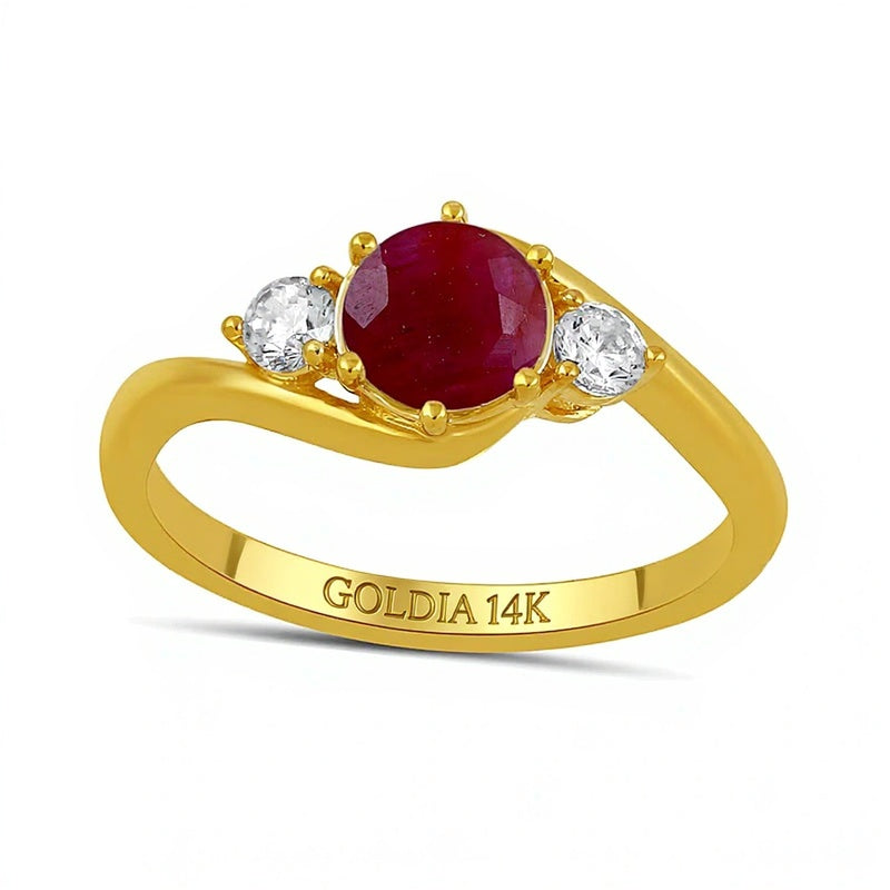 6,0mm Rubin und 0,2 ct. Gesamtgewicht Labordiamant Dreistein Bypass Ring in 14K Gold