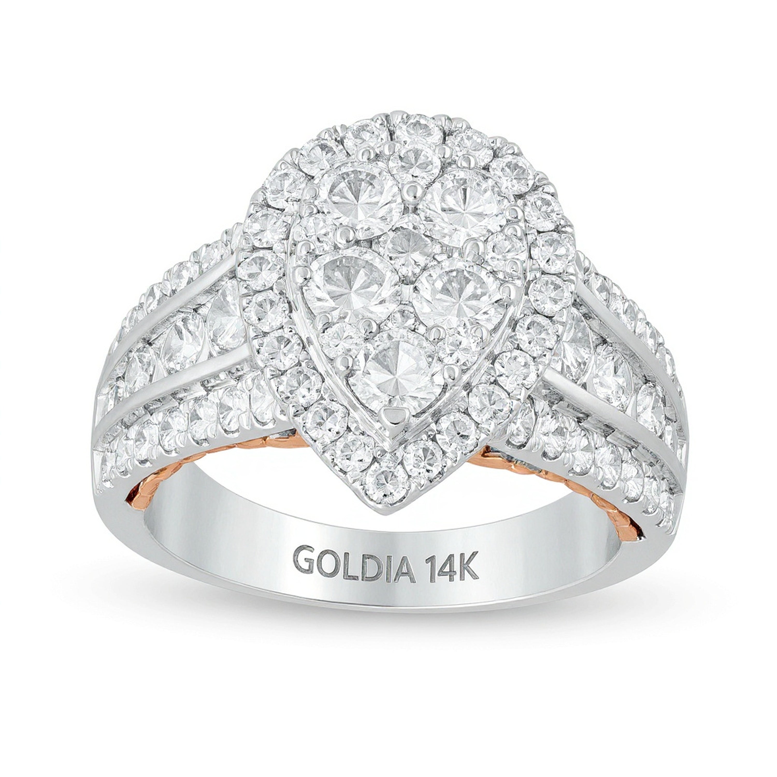 2,5 ct. Gesamtgewicht Komposit-Verlobungsring mit Diamanten in Tropfen-Rahmenoptik aus 14K Two-Tone Gold