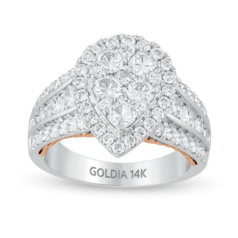 2,5 ct. Gesamtgewicht Komposit-Verlobungsring mit Diamanten in Tropfen-Rahmenoptik aus 14K Two-Tone Gold