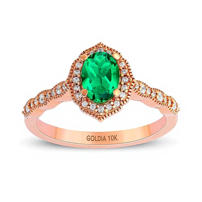 Halo-Ring im Vintage-Stil mit ovalem Smaragd und 0,17 ct. Gesamtgewicht Diamanten in 10K Roségold