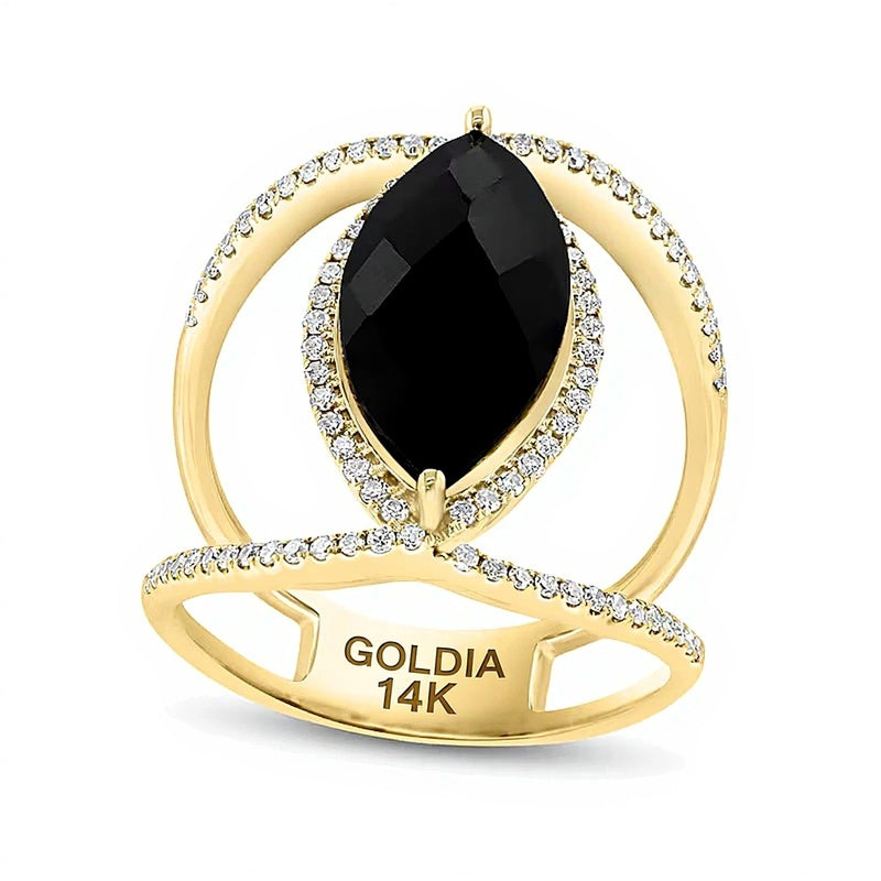 Fashion-Ring mit Onyx im Marquise-Schliff und Diamanten 0,33 ct. Gesamtgewicht in 14K Gelbgold