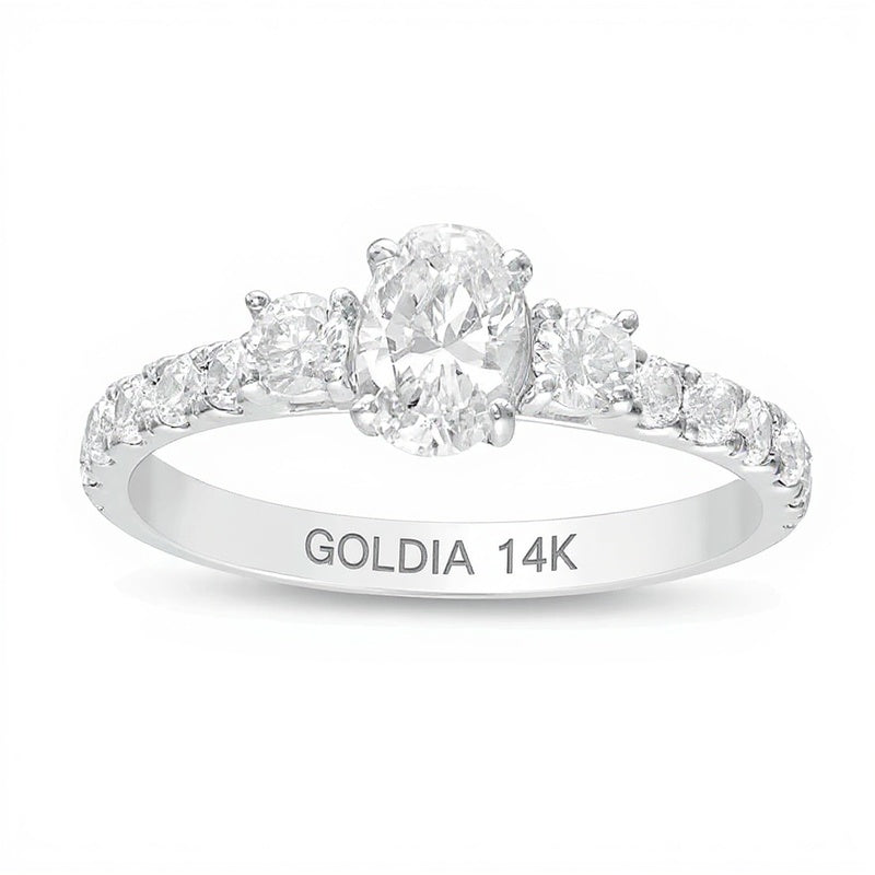 Dreistein-Verlobungsring mit Diamanten 1.17 ct. Gesamtgewicht in 14K Weißgold