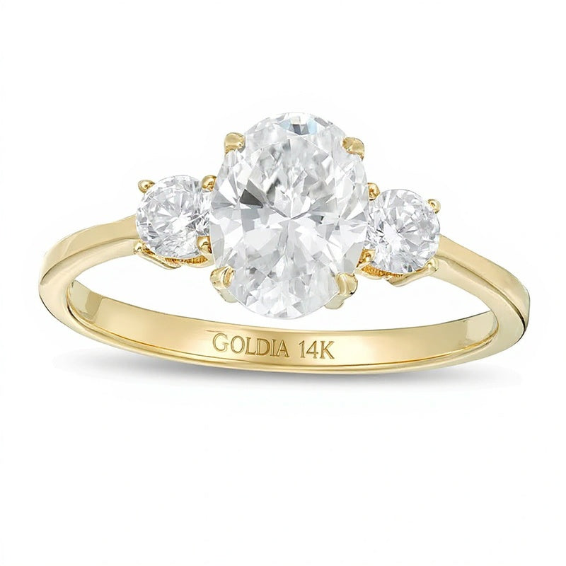1,25 ct. Gesamtgewicht Dreistein-Verlobungsring mit Diamanten in Oval und rund aus 14K Gelbgold