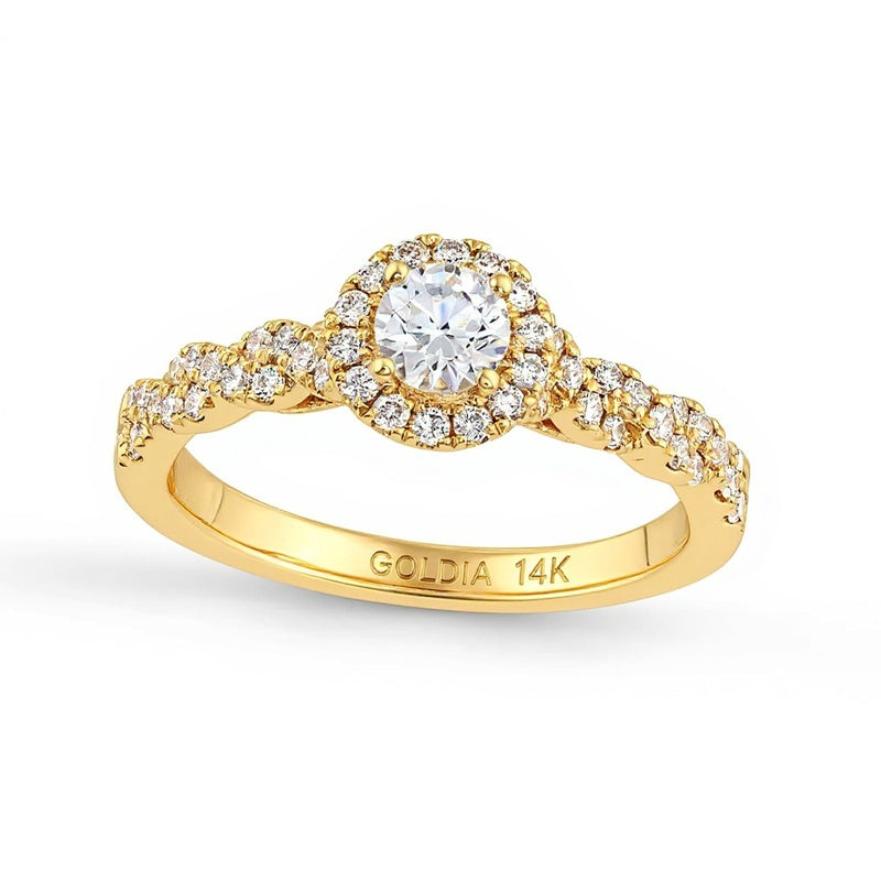 Halo Verlobungsring mit weißen Diamanten im Rundschliff 0,75 ct. Gesamtgewicht in 14K Gelbgold