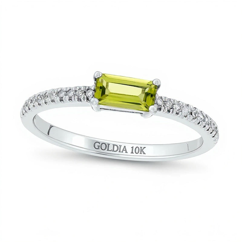 Fashion-Ring mit Baguette-Peridot und 0,1 ct. Gesamtgewicht Diamanten in Pavé aus 10K Weißgold