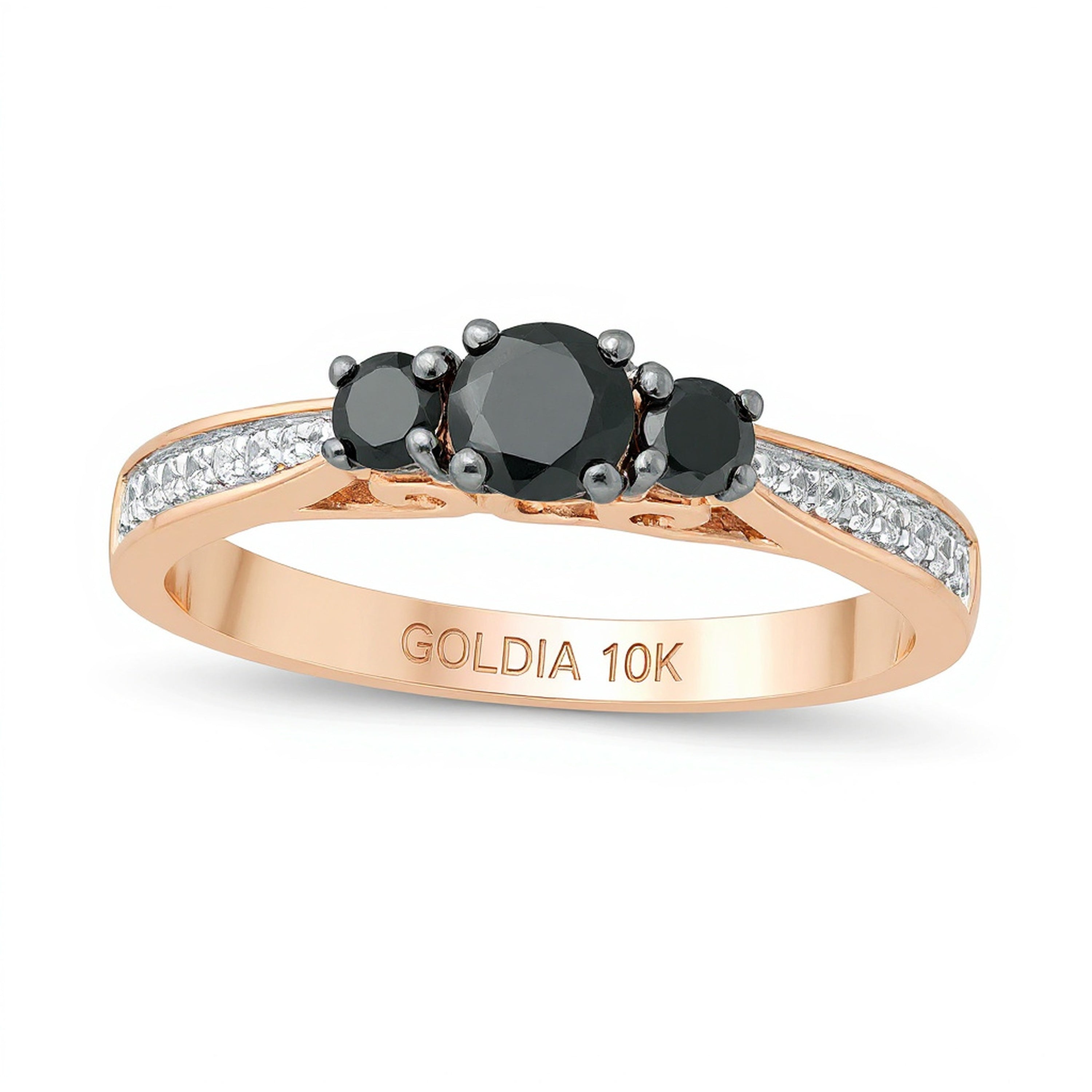 0.5 CT. Gesamtgewicht behandelter schwarzer und weißer Diamant Dreistein-Verlobungsring in 10K Roségold