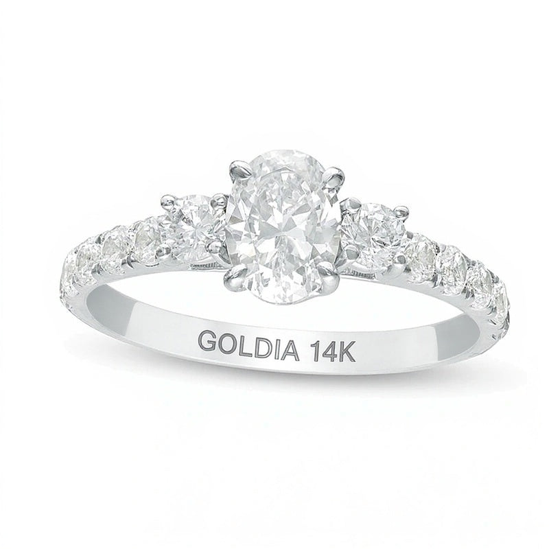 Dreistein-Verlobungsring mit Diamanten in Oval- und Rundschliff 1.33 ct. Gesamtgewicht in 14K Weißgold