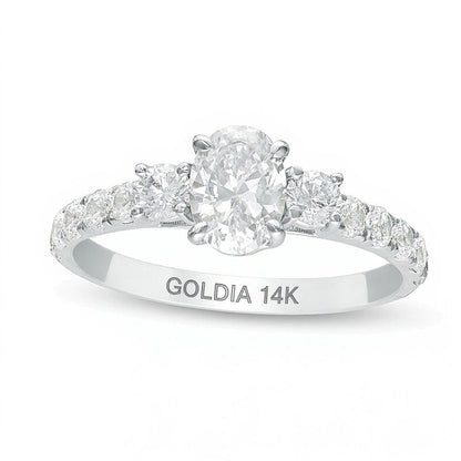 Dreistein-Verlobungsring mit Diamanten in Oval- und Rundschliff 1.33 ct. Gesamtgewicht in 14K Weißgold
