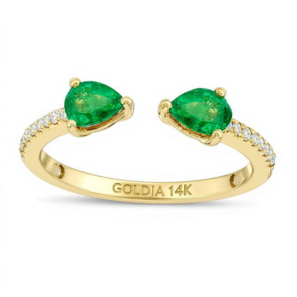 Ring mit tropfenförmigem Smaragd und Diamant-Besatz mit offener Ringschiene in 14K Gelbgold