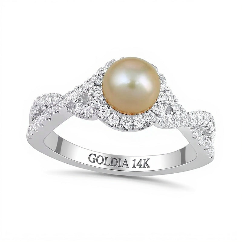 6,0 mm rosa Süßwasser-Zuchtperle und 0,5 ct. Gesamtgewicht Labordiamant Ring mit Crossover-Schiene und Halo-Fassung in 14K Weißgold