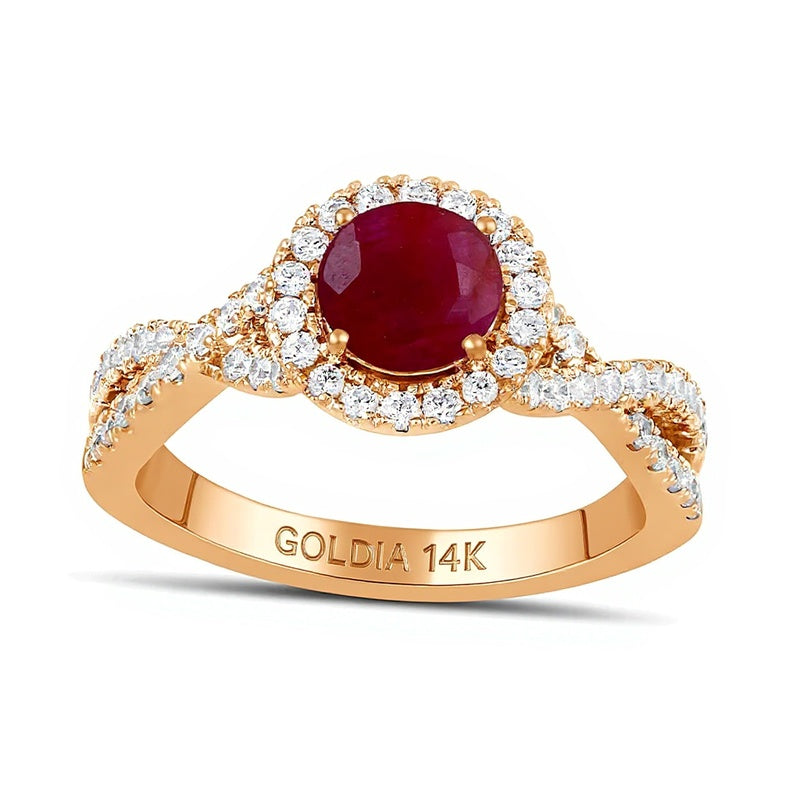 6,0mm Rubin und 0,5 ct. Gesamtgewicht Labordiamant Ring mit Rahmen und Crossover-Schiene in 14K Roségold