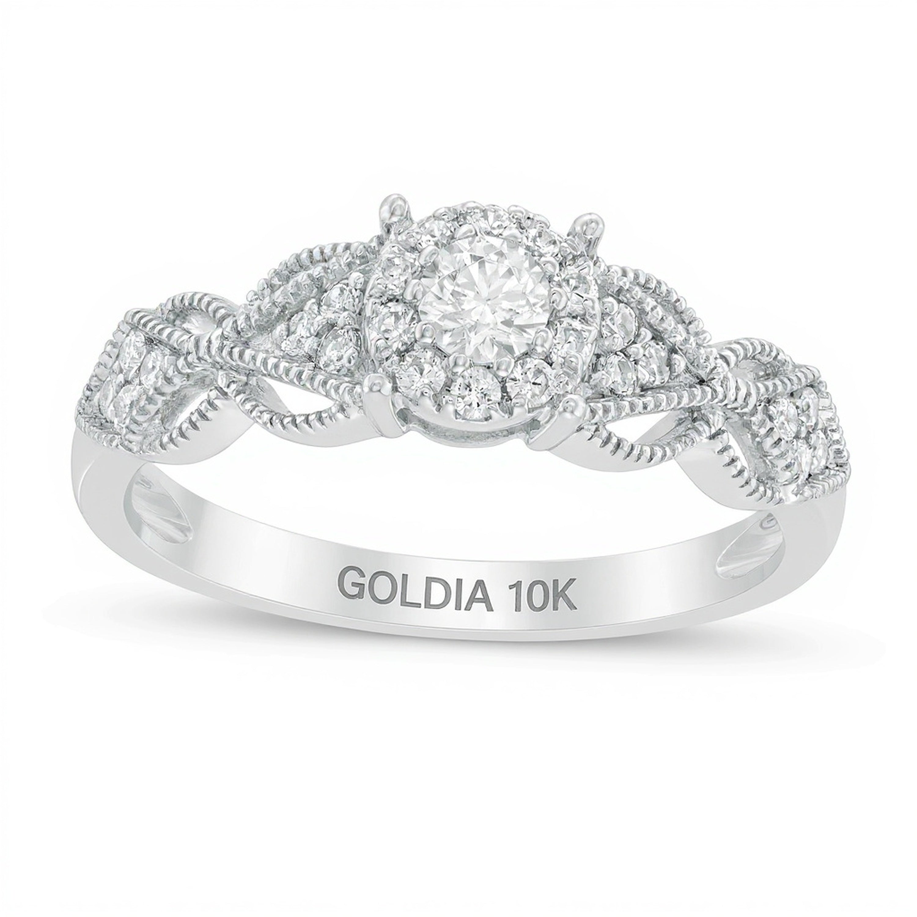 0.33 ct. Gesamtgewicht Diamant Halo Verlobungsring mit Schmetterling-Seiten im Vintage-Stil und Filigranarbeit in 10K Weißgold