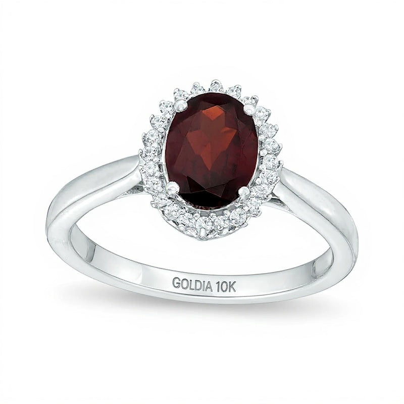 Halo-Ring mit ovalem Granat und rundem, im Labor erzeugtem weißem Saphir in 10K Weißgold