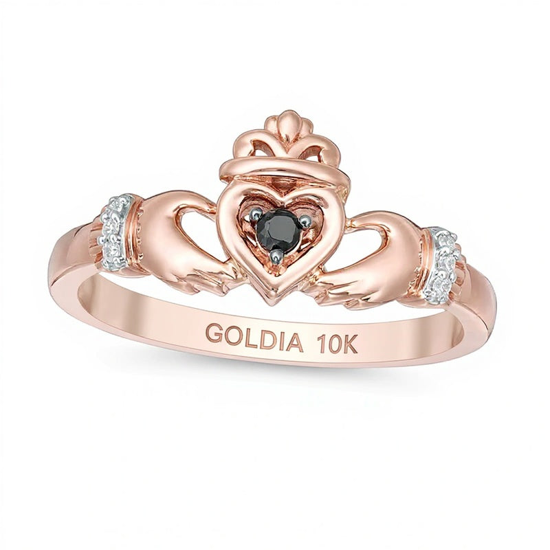 0,05 ct. Gesamtgewicht behandelter schwarzer und weißer Diamant Claddagh-Ring in 10K Roségold