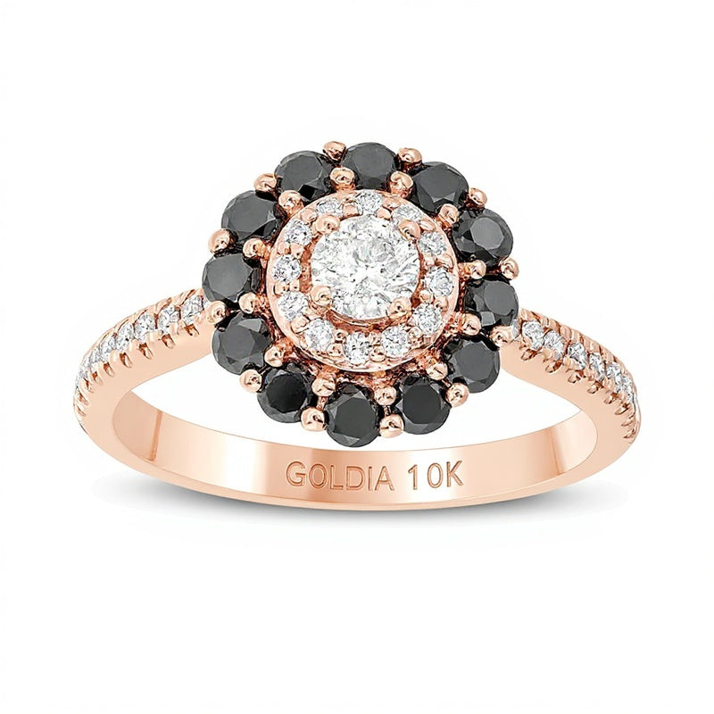 1.0 CT. Gesamtgewicht behandelter schwarzer und weißer Diamant Verlobungsring mit doppeltem Halo in 10K Roségold - Größe 7