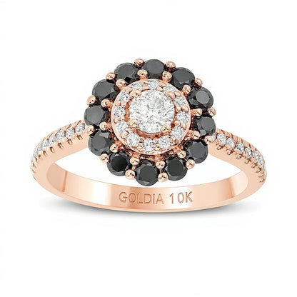 1.0 CT. Gesamtgewicht behandelter schwarzer und weißer Diamant Verlobungsring mit doppeltem Halo in 10K Roségold - Größe 7