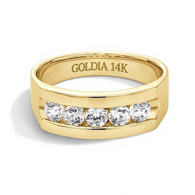 Memoire-Ring mit fünf Diamanten 1.0 ct. Gesamtgewicht, kanalgefasst, in 14K Gelbgold