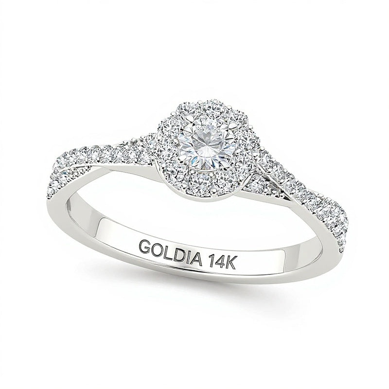 0.5 ct. Gesamtgewicht Verlobungsring mit Diamant-Halo und gedrehter Ringschiene in 14K Weißgold