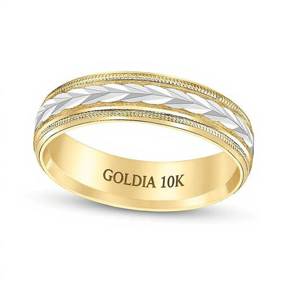 6.0mm Ehering mit geschnitztem Muster und niedriger Wölbung in 10K Bicolor-Gold