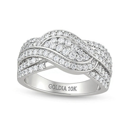 Ring mit Diamanten 0,75 ct. Gesamtgewicht in Doppelreihe und Wellen-Bypass-Design aus 10K Weißgold
