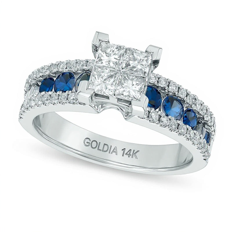0,75 ct. Gesamtgewicht Ring mit Diamanten im Princess-Schliff und blauen Saphiren in 14K Weißgold