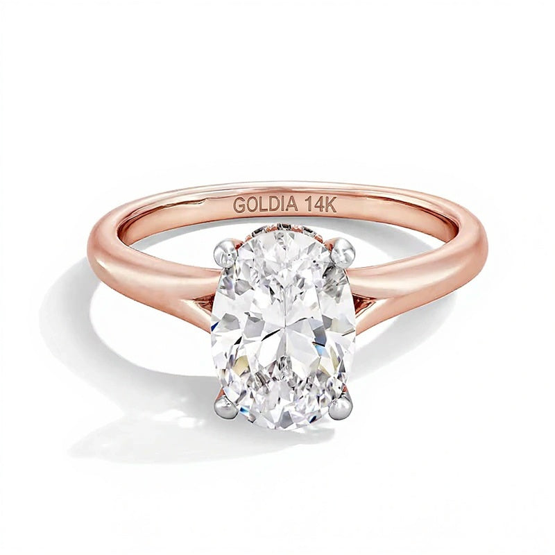 2.0 ct. Gesamtgewicht Verlobungsring Solitär mit Hidden Halo, ovaler Labordiamant in 14K Roségold (F/VS2)