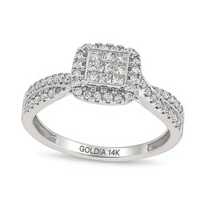 Verlobungsring 0.5 ct. Gesamtgewicht mit weißen Diamanten im Princess-, Rund- und Kissenschliff, Halo, in 14K Weißgold
