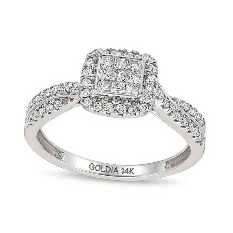 Verlobungsring 0.5 ct. Gesamtgewicht mit weißen Diamanten im Princess-, Rund- und Kissenschliff, Halo, in 14K Weißgold