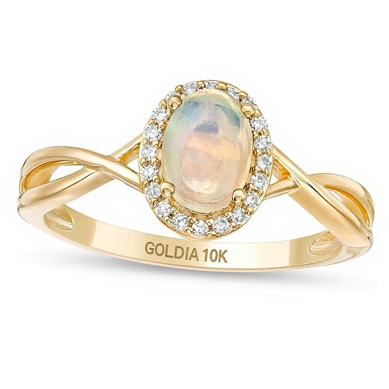 Fashion-Ring mit ovalem Opal und Diamanten 0,07 ct. Gesamtgewicht in 10K Gelbgold